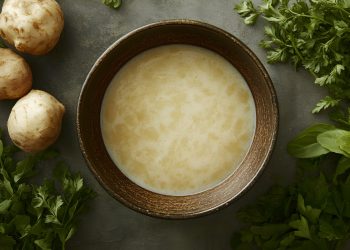 su tavolo di marmo, ciottola con zuppa di topinambur con attorno erbe aromatiche e tuberi