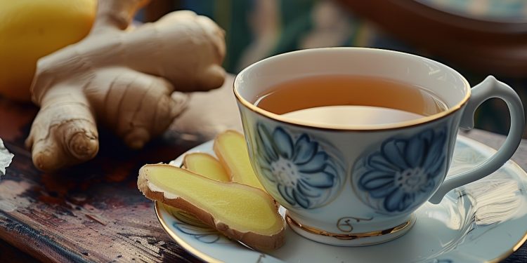 su vassoio di legno, un tazza blu piena di tisana allo zenzero con 2 fette di zenzero. Dietro zenzero