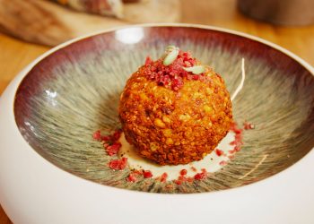 su tavolo di legno piatto verde e rosso con una polpette con i salamini