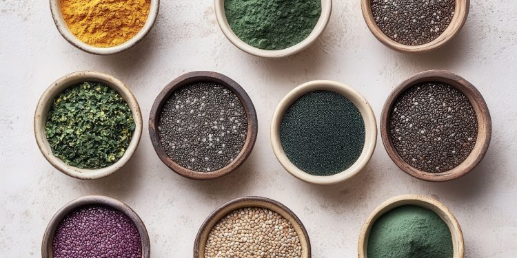 su tavolo bianco, ciotole piene di sueprfood: spirulina, semi di chia, curcuma, quinoa